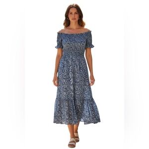 Lulu's Blue Floral Smocked Midi Dress Off Shoulder Ruffle Boho